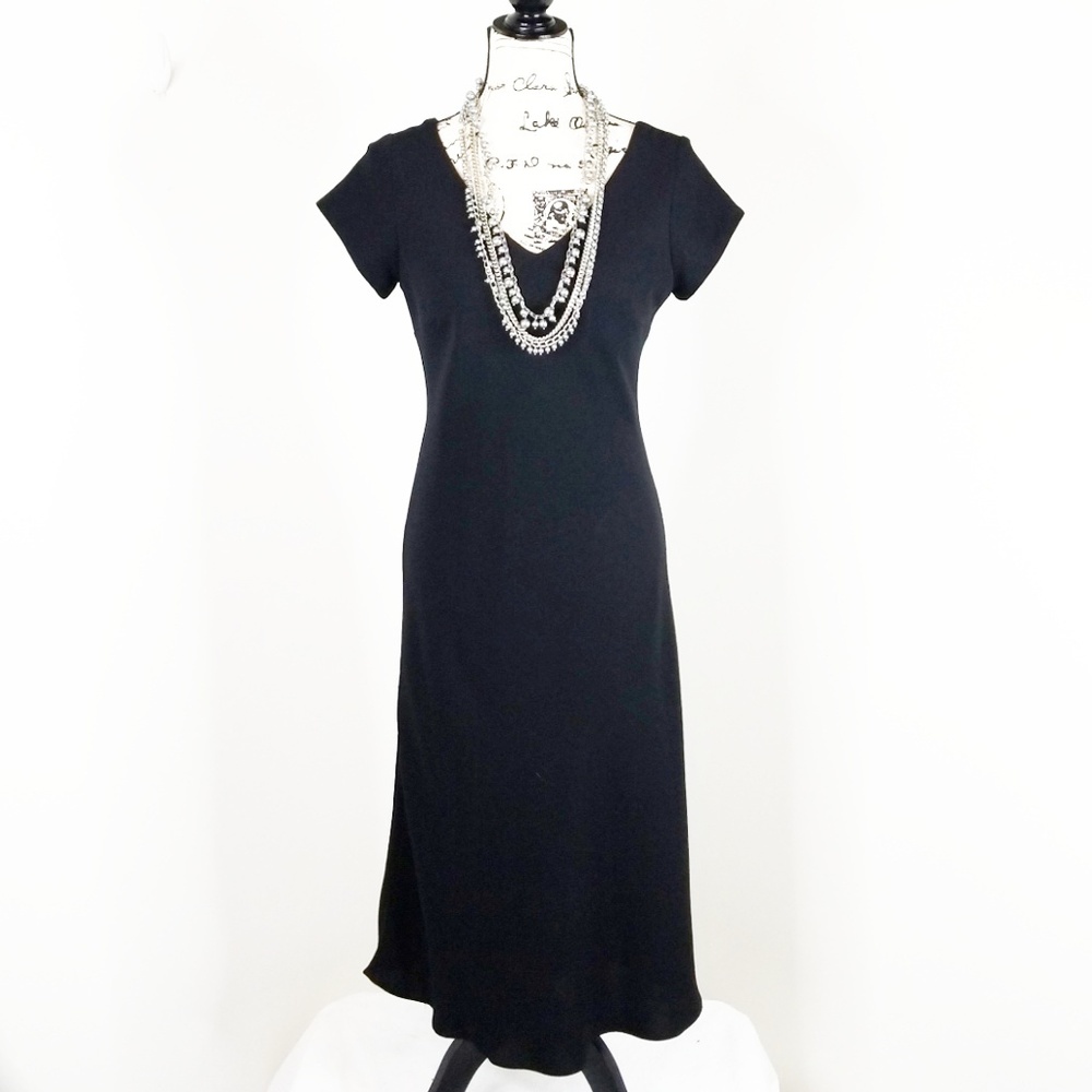 EVAN PICONE ▪ Women's Black Crepe V-neck Dress, Tea Length, Cap Sleeves, Size10P